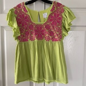 Green and Pink Embroidered Women's Top